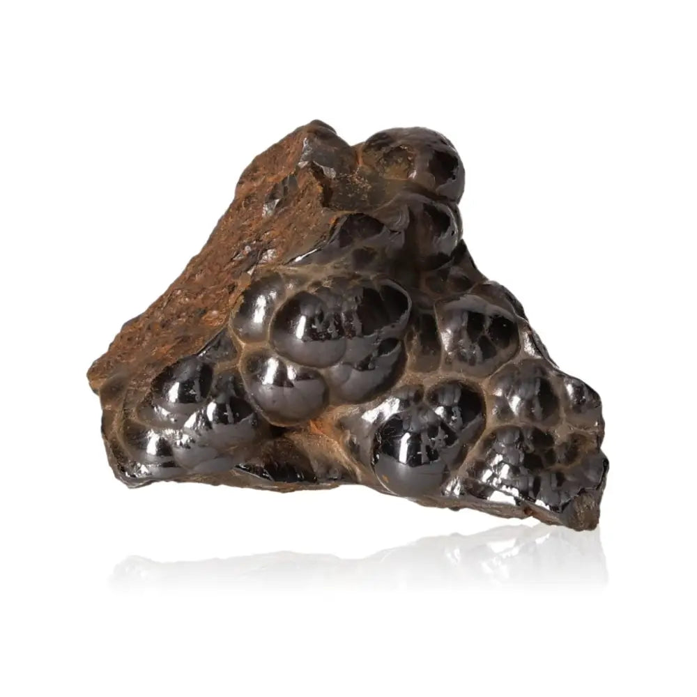 Polished Botryoidal Hematite crystal cluster, shimmering metallic finish, energy fortification, emotional balance, negativity shield.