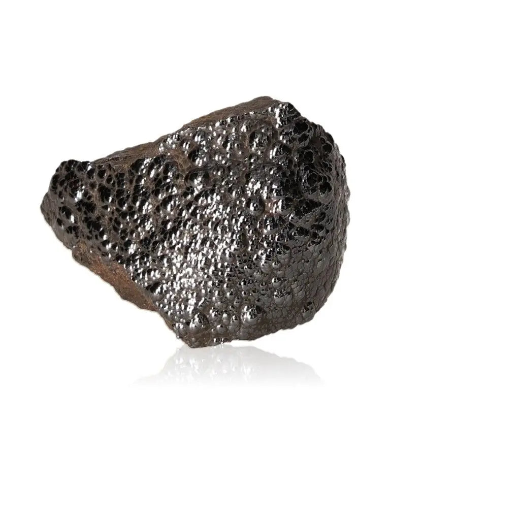 Polished Botryoidal Hematite crystal cluster, shimmering metallic surface, enhances energy and shields from negativity.