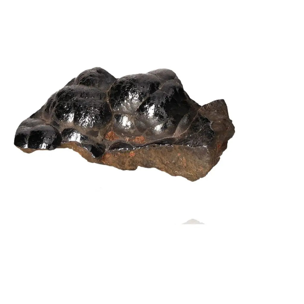 Polished botryoidal hematite crystal cluster, shiny metallic surface, grounding energy, emotional balance.