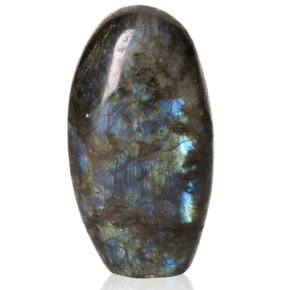 Polished labradorite cut base by Sylvia Crystals with vibrant color flashes, ethically sourced and designed for elegance and energy.