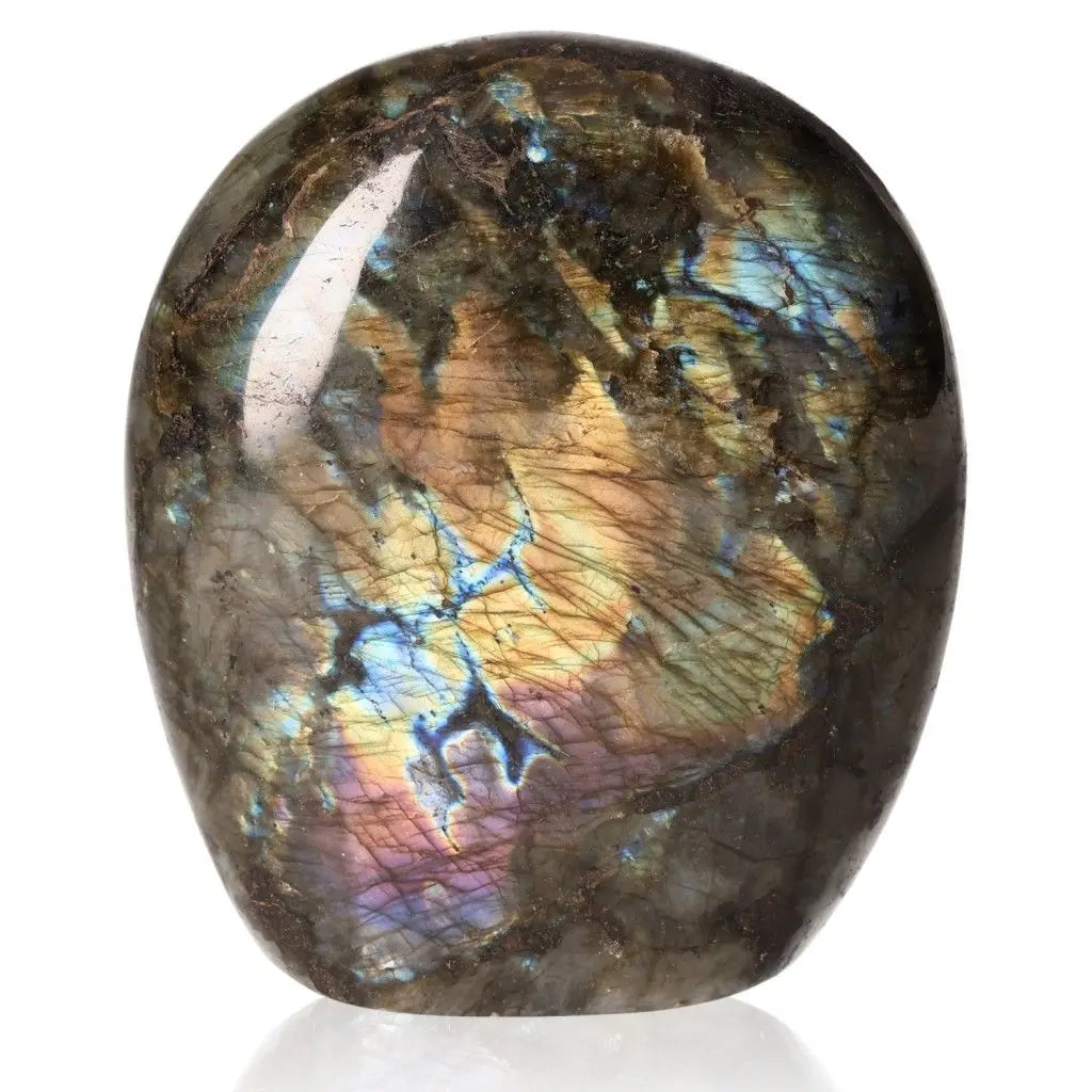 Polished cut base labradorite with vibrant iridescent colors by Sylvia Crystals, ethically sourced and elegantly crafted.