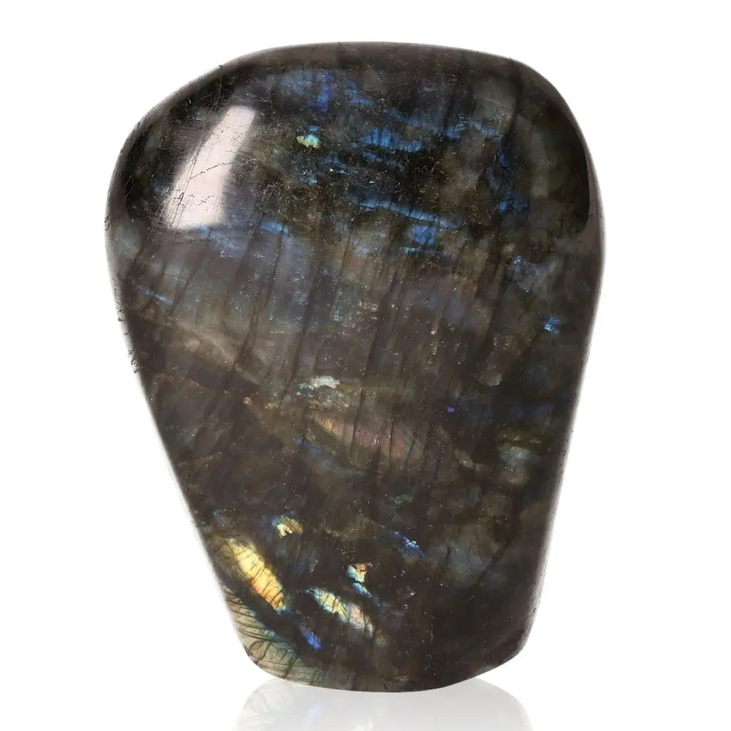 Polished Cut Base Labradorite by Sylvia Crystals with mesmerizing flashes and sleek design, ethically sourced and natural.