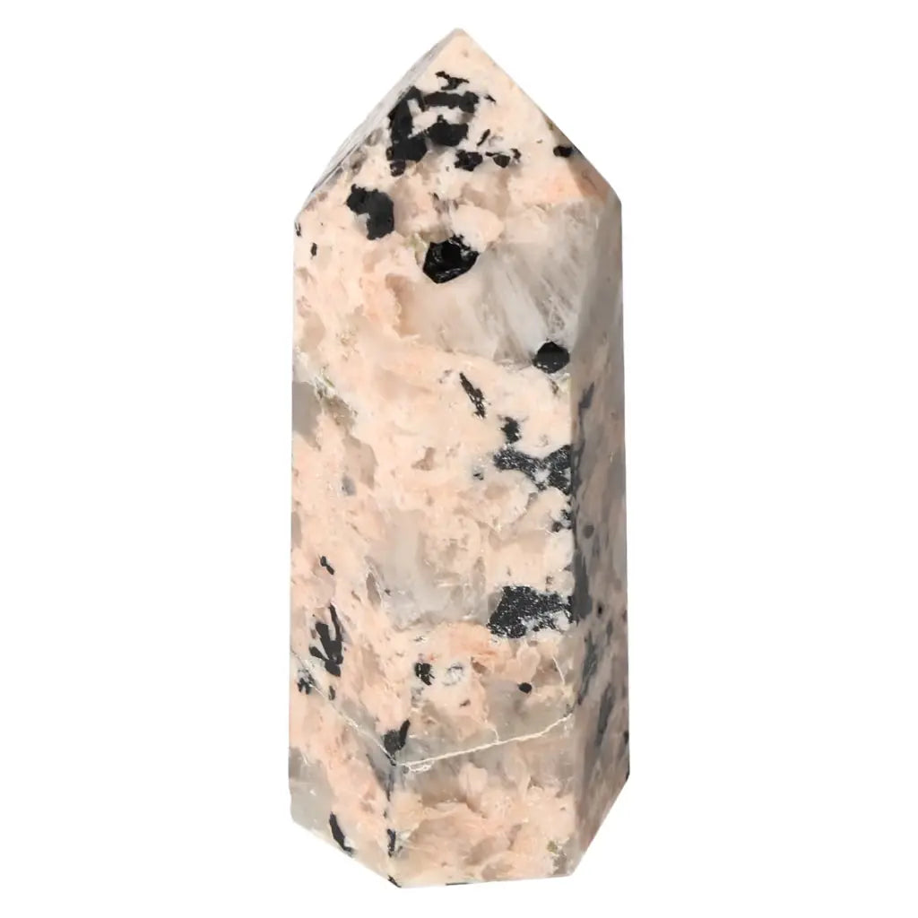 Polished Feldspar Quartz Tourmaline Obelisk, premium Sylvia Crystals creation, enhances creativity and balance with its natural beauty.