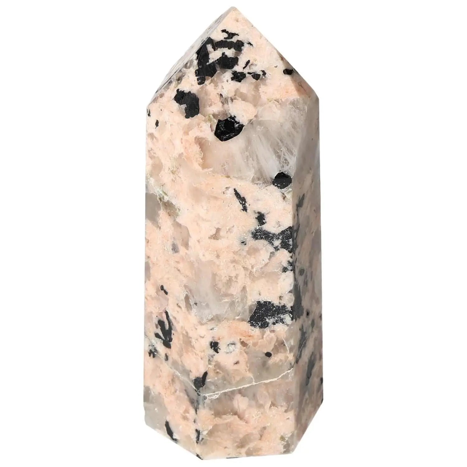 Polished Feldspar Quartz Tourmaline Obelisk by Sylvia Crystals, showcasing natural beauty and spiritual essence.