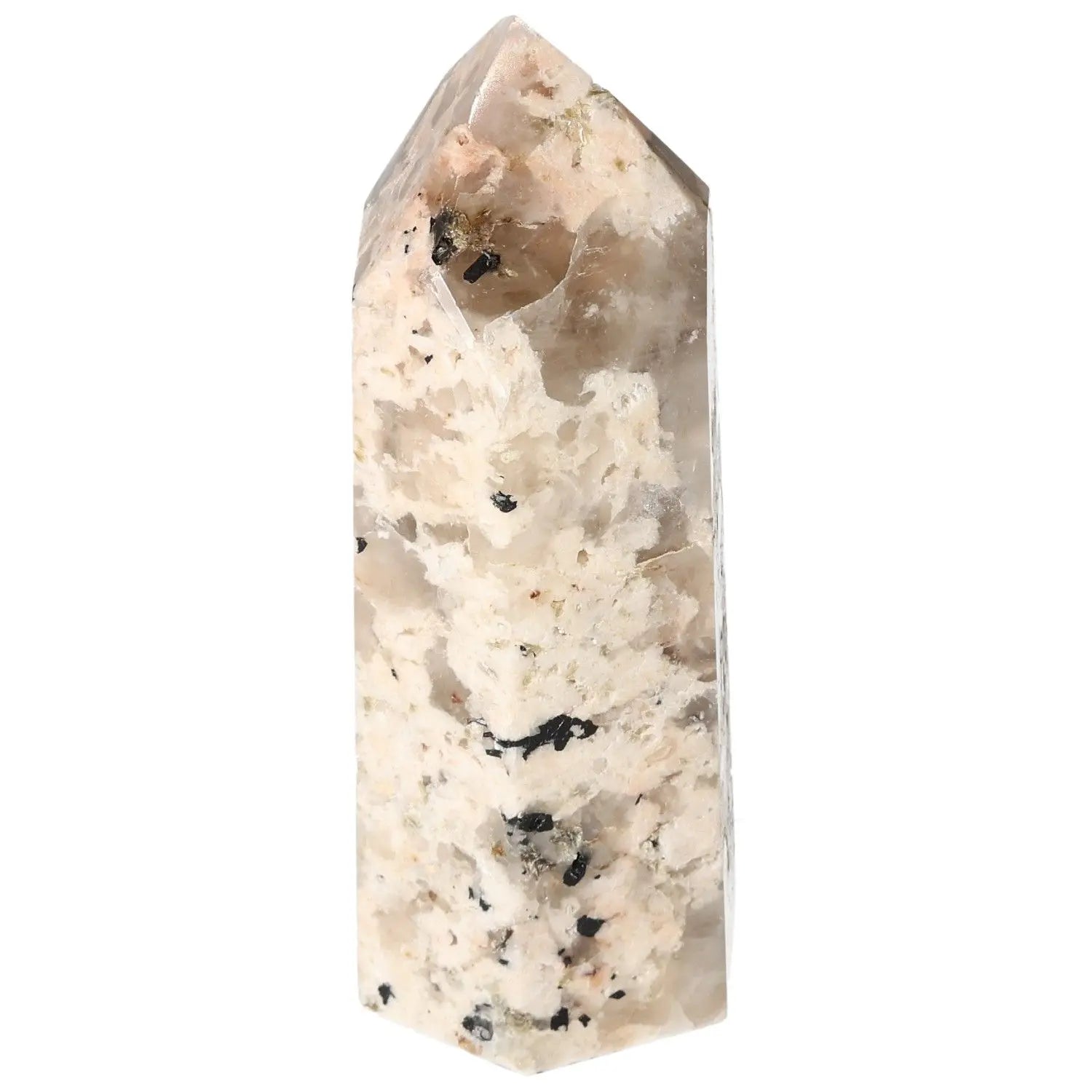 Polished Feldspar Quartz Tourmaline Obelisk from Sylvia Crystals, enhancing creativity and balance with vivid colors and energies.