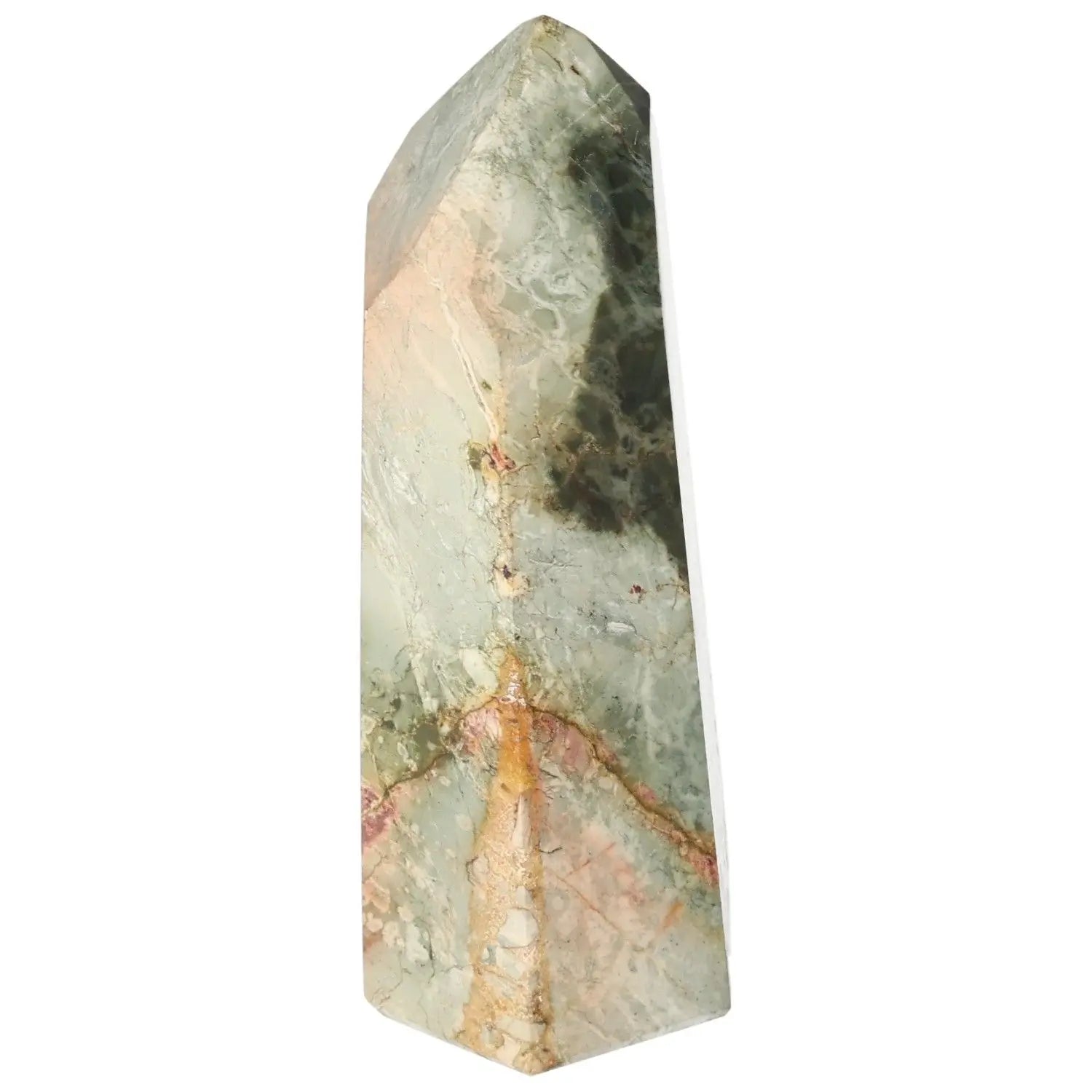Elegant Polished Jasper Obelisk from Sylvia Crystals, showcasing green and earthy tones for luxury and serenity.