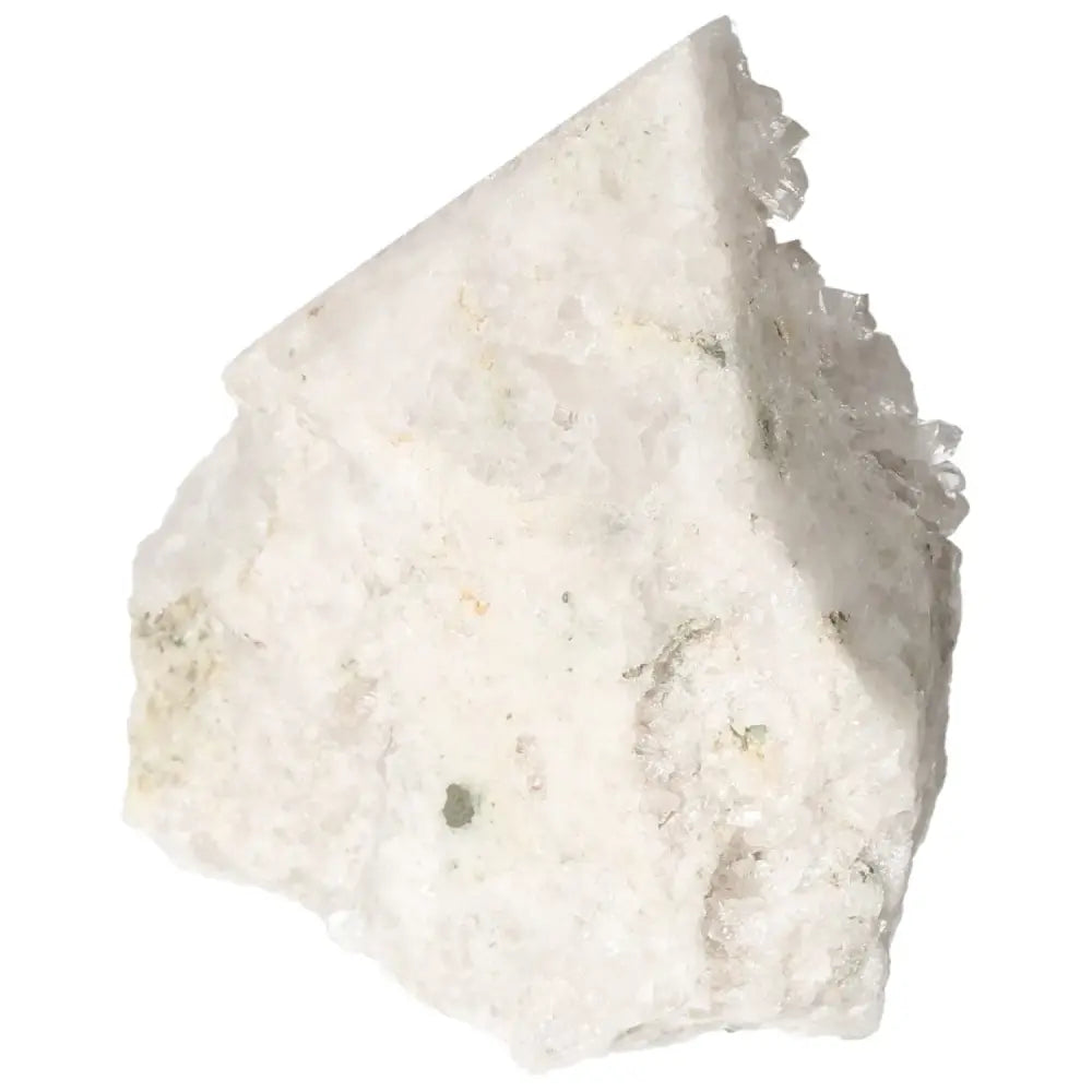 Close-up of a polished milky quartz point by Sylvia Crystals, showcasing its serene beauty and spiritual energy properties.