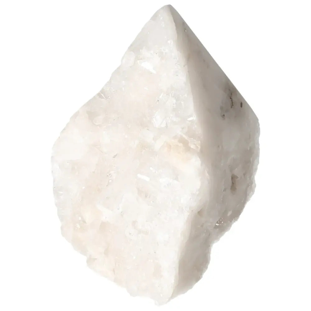 Polished Milky Quartz Point crystal with natural texture, available from Sylvia Crystals. Perfect for spirituality and purification.