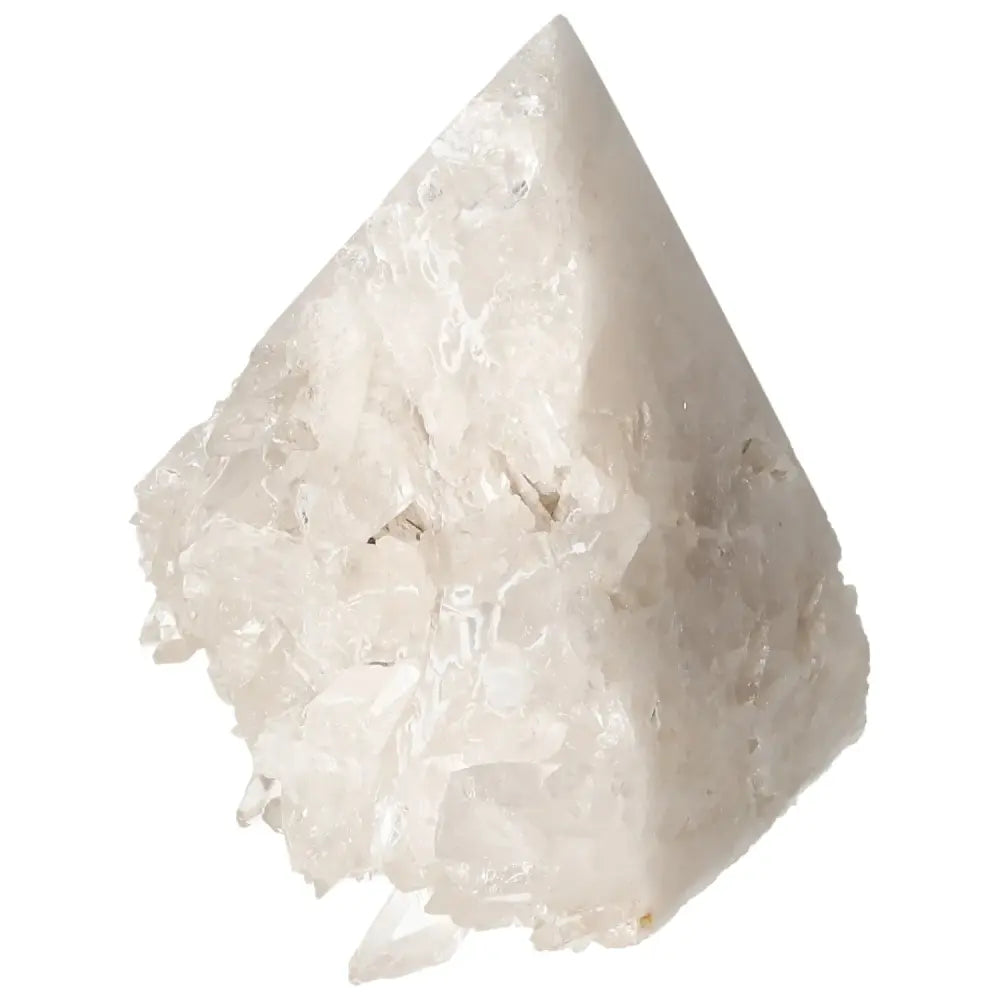Polished Milky Quartz Point from Sylvia Crystals, known for harmonizing energy and purifying spaces, with a smooth, lustrous finish.