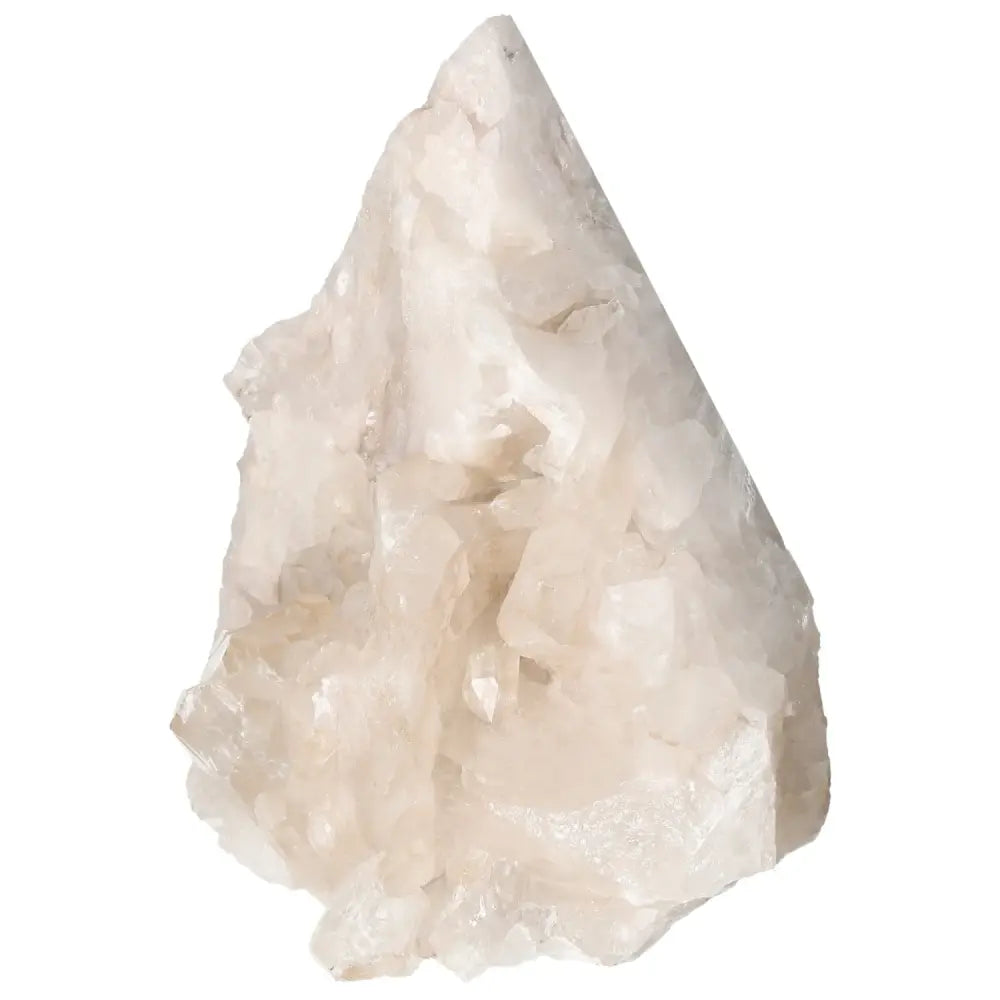 Polished Milky Quartz Point crystal by Sylvia Crystals, enhances spiritual harmony and purification.
