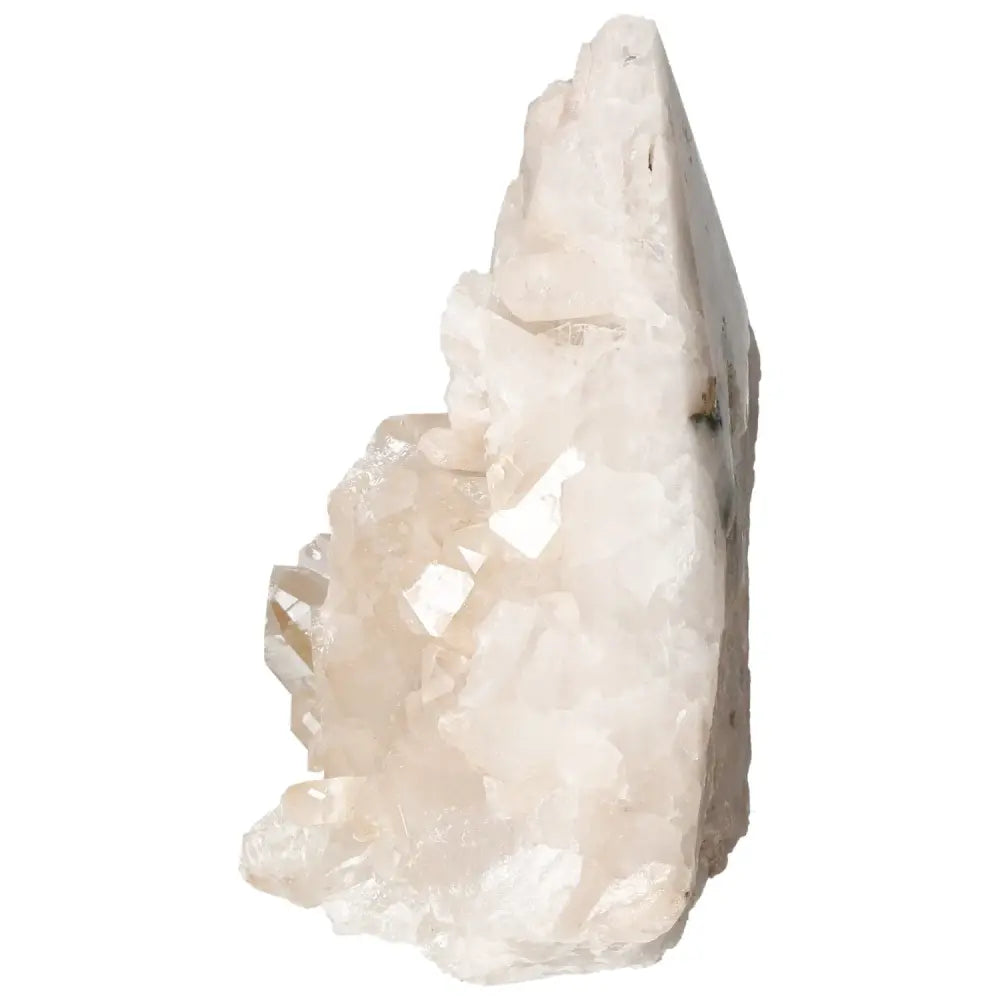 Polished Milky Quartz Point from Sylvia Crystals, enhancing spiritual harmony and energy purification, standing against a white background.