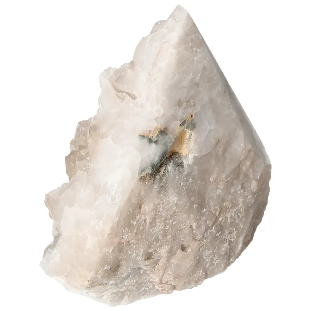 Polished Milky Quartz Point by Sylvia Crystals, known for harmonizing energy and enhancing spiritual living, displayed on a white background.