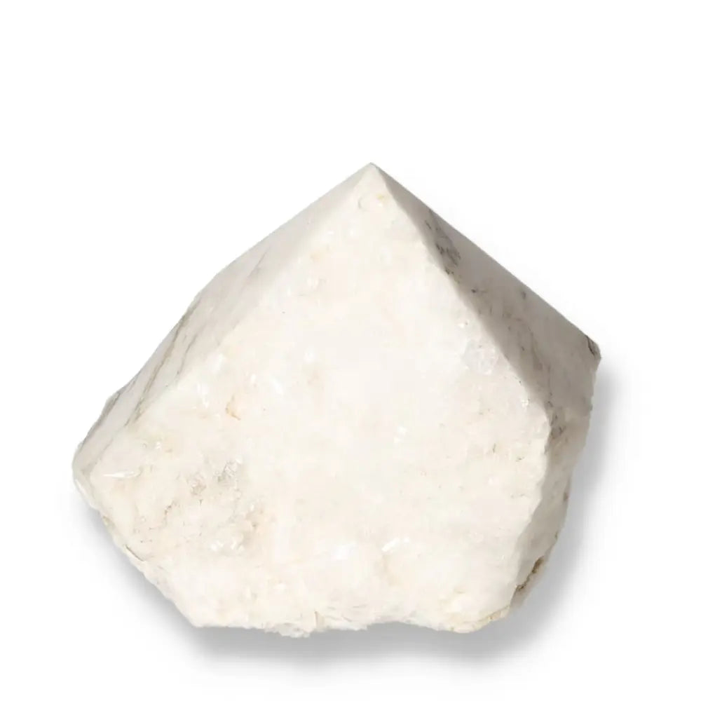 Polished Milky Quartz Point Crystal by Sylvia Crystals, showcasing natural beauty and energetic qualities for spiritual collections.