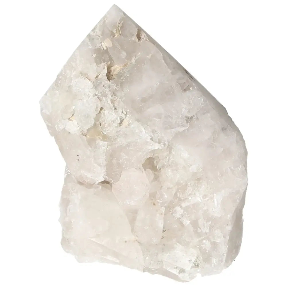 Polished Milky Quartz Point crystal, promotes clarity and spiritual growth, available at Sylvia Crystals for purification and peace.