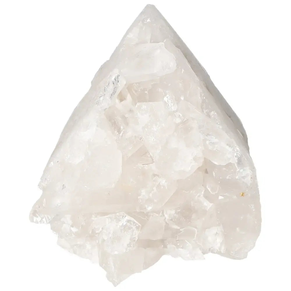 Polished milky quartz point crystal by Sylvia Crystals, known for neutralizing negative energies and promoting serenity.