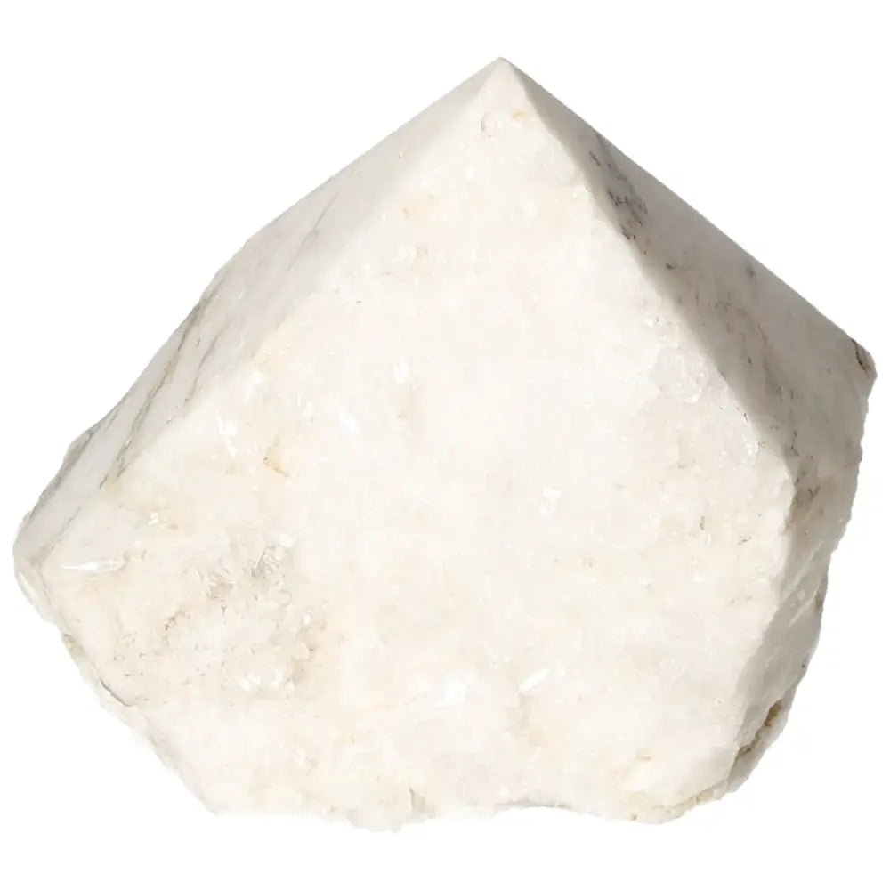 Polished Milky Quartz Point by Sylvia Crystals, showcasing its natural beauty and energetic qualities for spiritual collections.