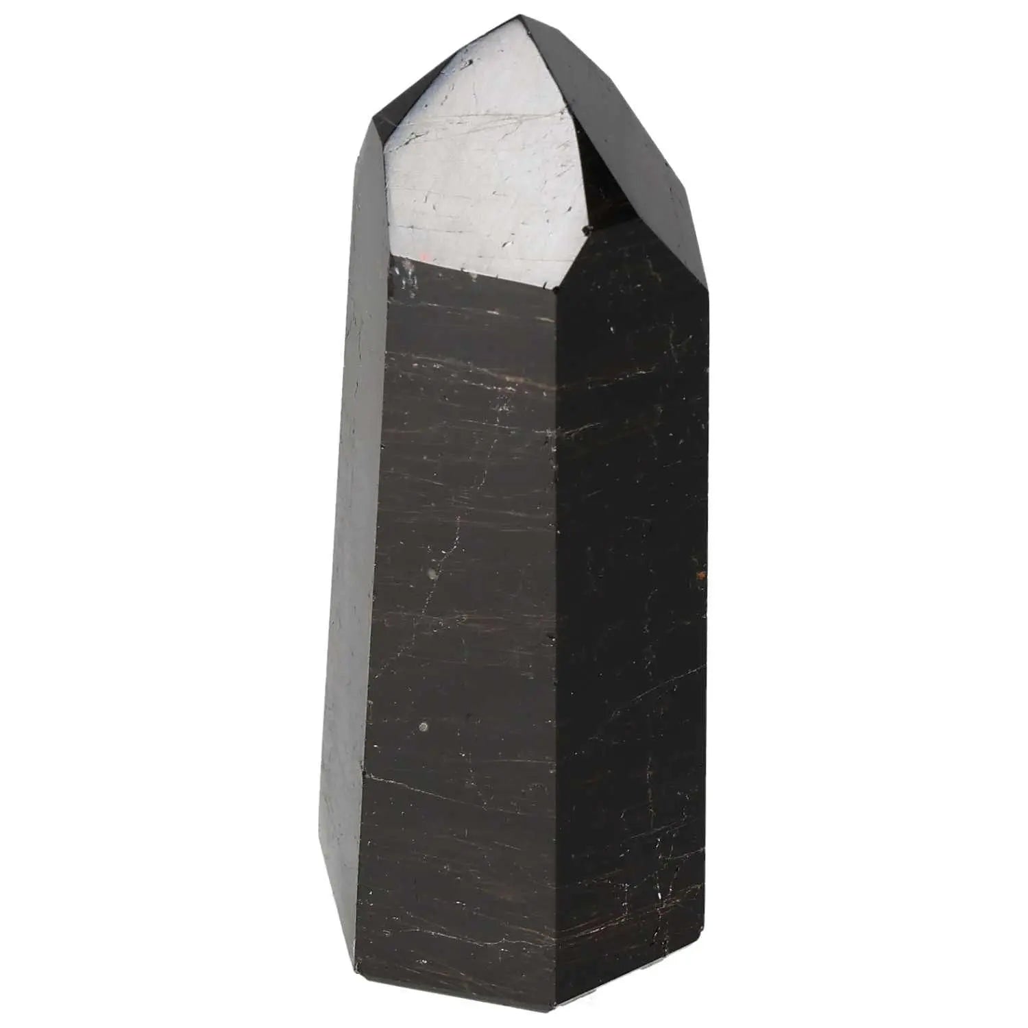 Polished obsidian obelisk from Sylvia Crystals, known for protective and negative energy absorption properties.