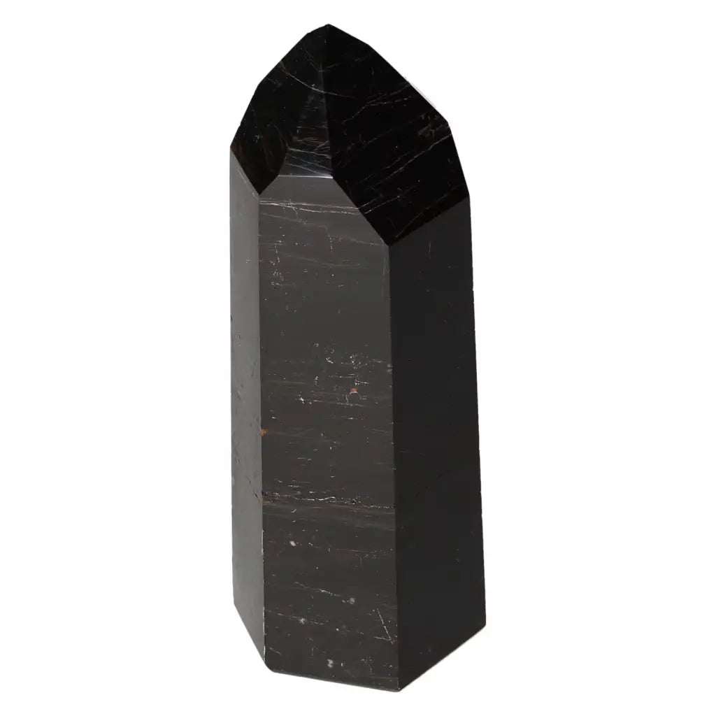 Polished Obsydian Obelisk by Sylvia Crystals, luxury gemstone for spiritual harmony and energy protection