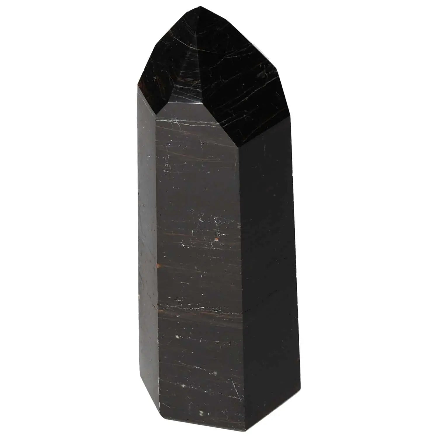 Polished Obsidian Obelisk by Sylvia Crystals, known for absorbing negative energy, enhancing luxury and spiritual harmony.