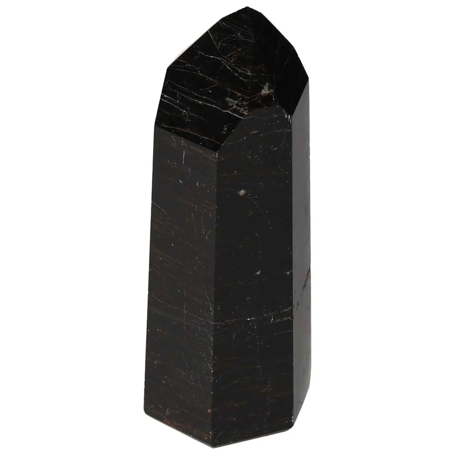 Polished obsidian obelisk by Sylvia Crystals, offering beauty and protective energy for spiritual harmony and positivity.