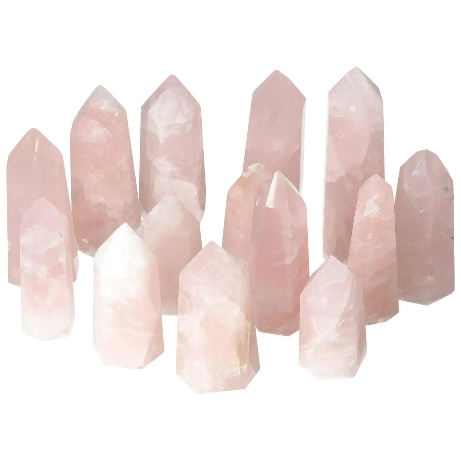 Collection of polished pink quartz obelisks, 1 kg set of 6 pieces, premium quality, showcasing exquisite craftsmanship and natural beauty.