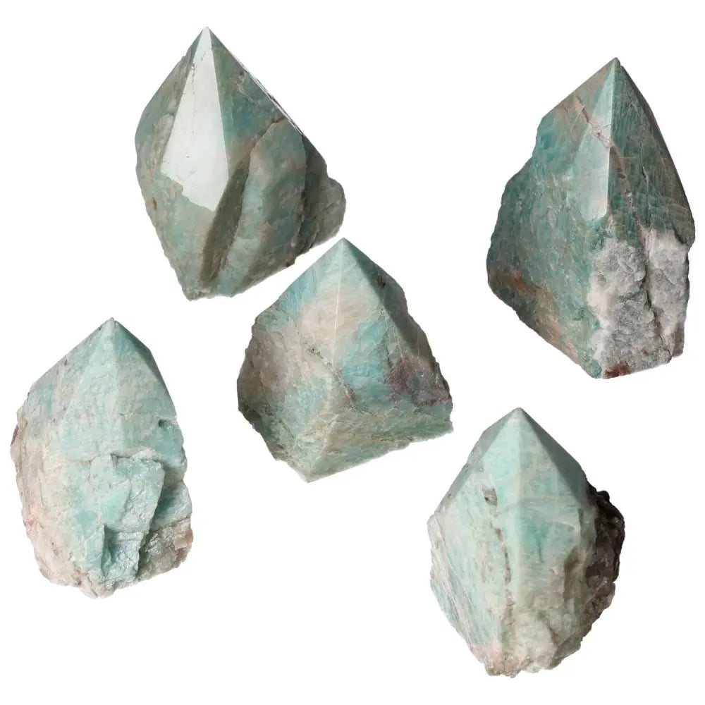 Polished Point Amazonite L crystals showcasing refined edges and luxurious quality, ideal for harmony and balancing emotions.