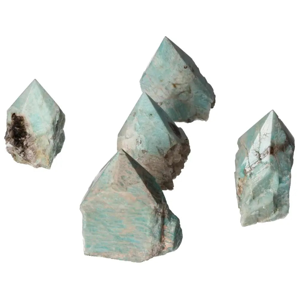Collection of polished point Amazonite stones showcasing refined elegance and harmonious properties from Sylvia Crystals.