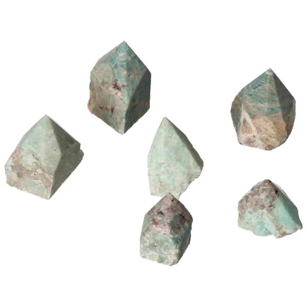 Polished Point Amazonite S crystals, known for harmonious energy, luxury, and spiritual value from Sylvia Crystals, on white background.