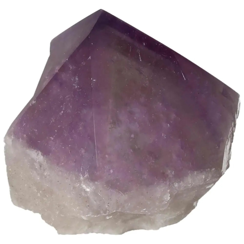Polished Point Amethyst crystal with deep purple hues, known for stress relief and energy boost, by Sylvia Crystals.
