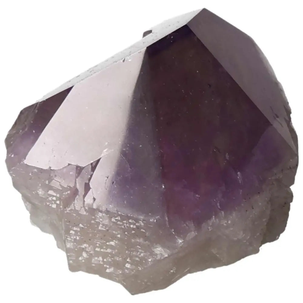 Close-up of a polished point Amethyst crystal with purple hues, promoting tranquility and refined focus.
