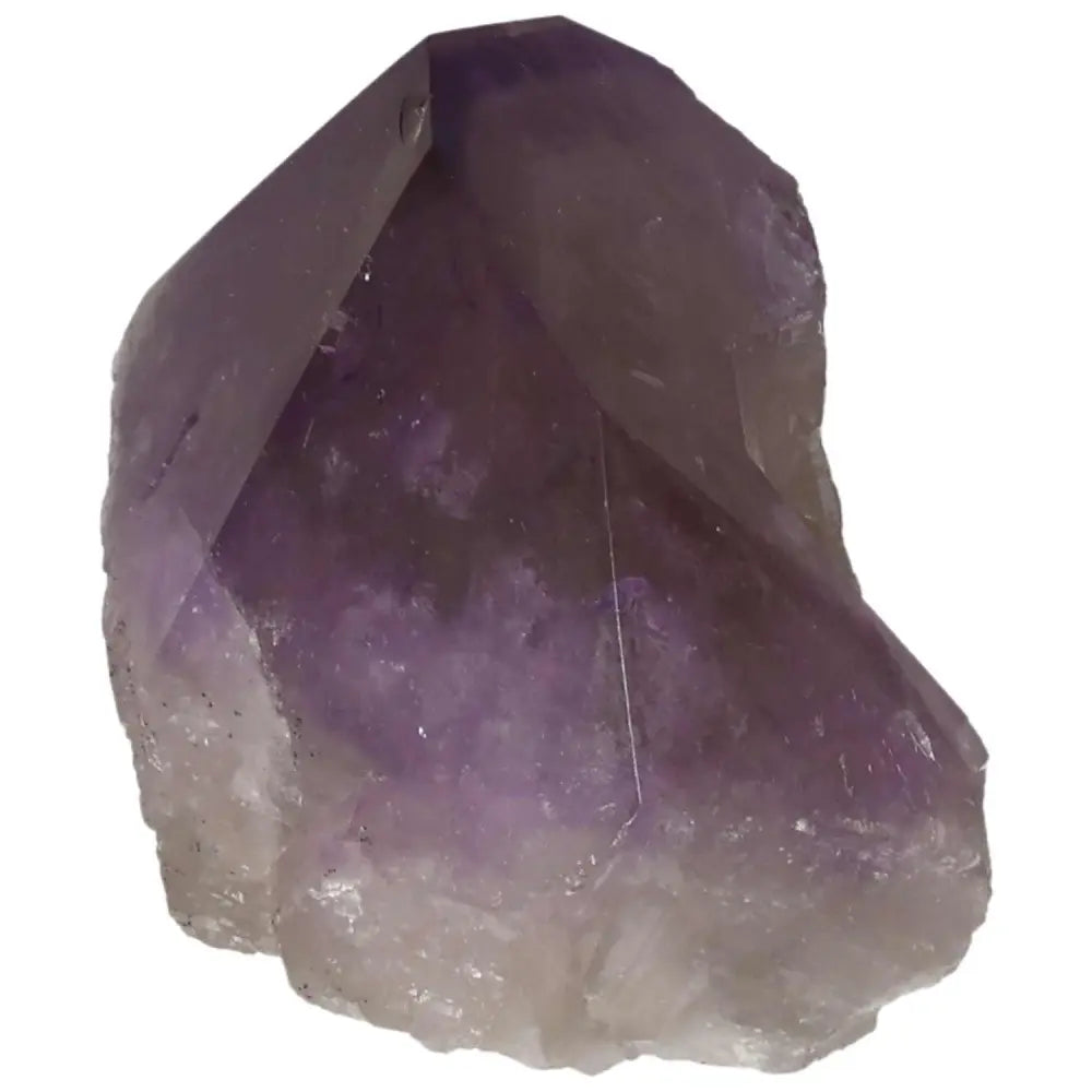 Close-up of a polished point amethyst crystal showcasing its purple hues, known for tranquility and enhancing energy. Sylvia Crystals product.