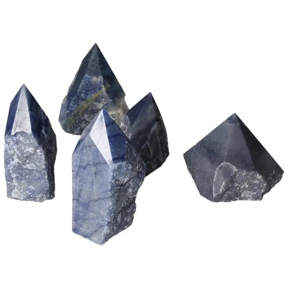Polished Point Blue Quartz L crystals showcasing a serene blue hue, ideal for spiritual wellness and emotional balance.
