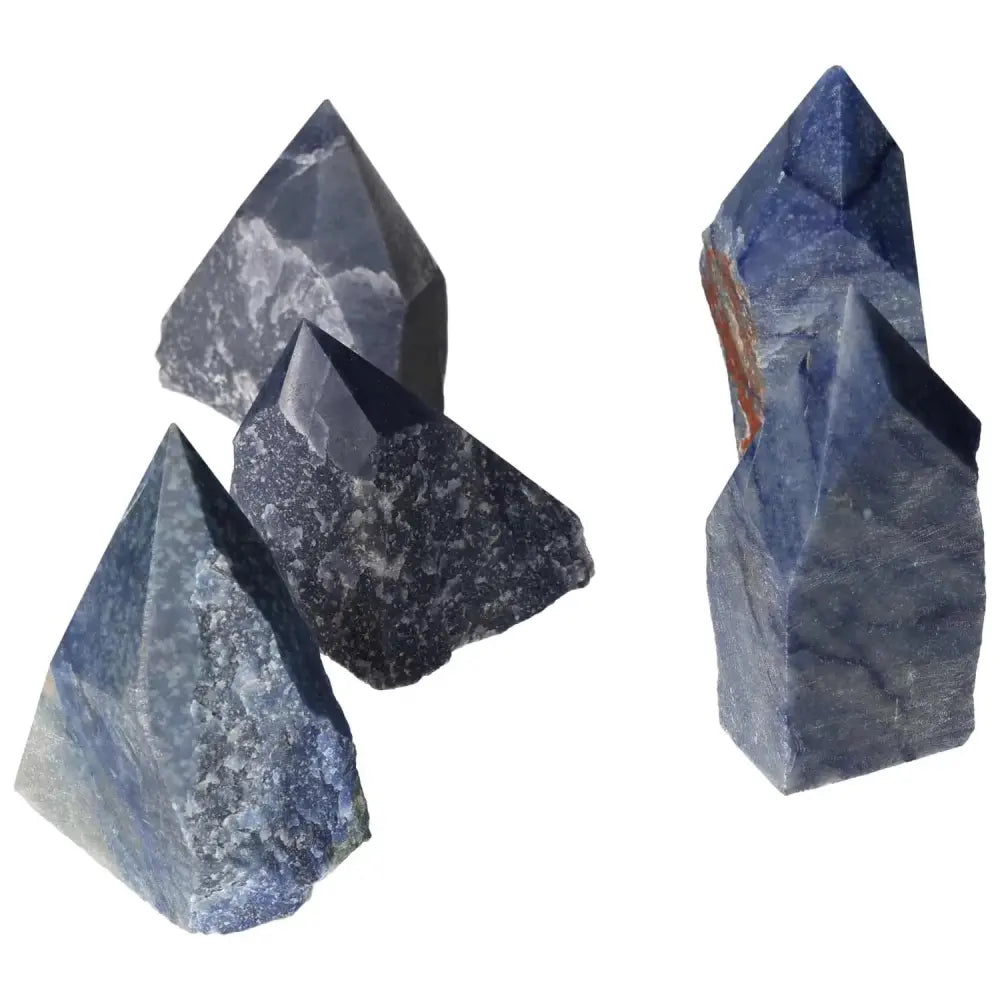 Polished Point Blue Quartz L crystals from Sylvia Crystals, promoting tranquility and clear communication, essential for spiritual wellness.
