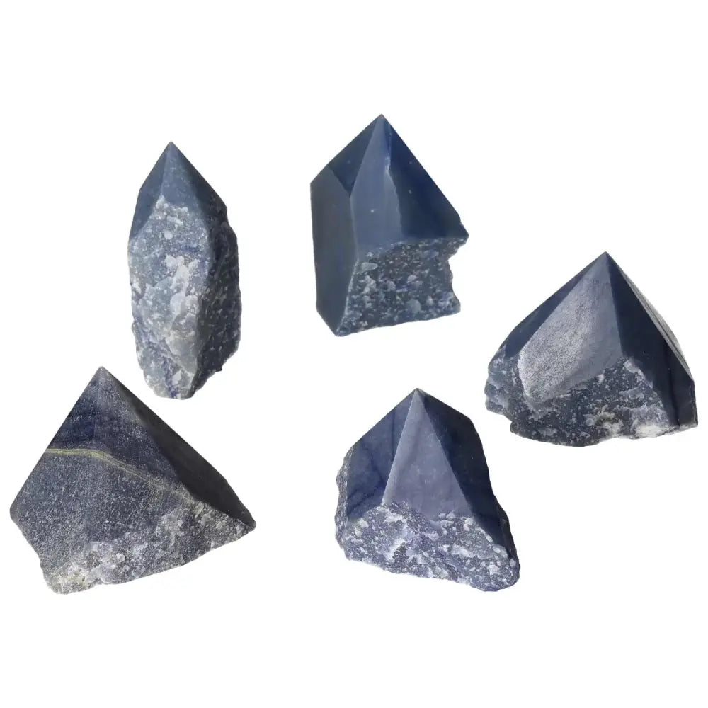 Polished Point Blue Quartz M crystals from Sylvia Crystals, showcasing their exquisite blue hues and natural formations for spiritual well-being.