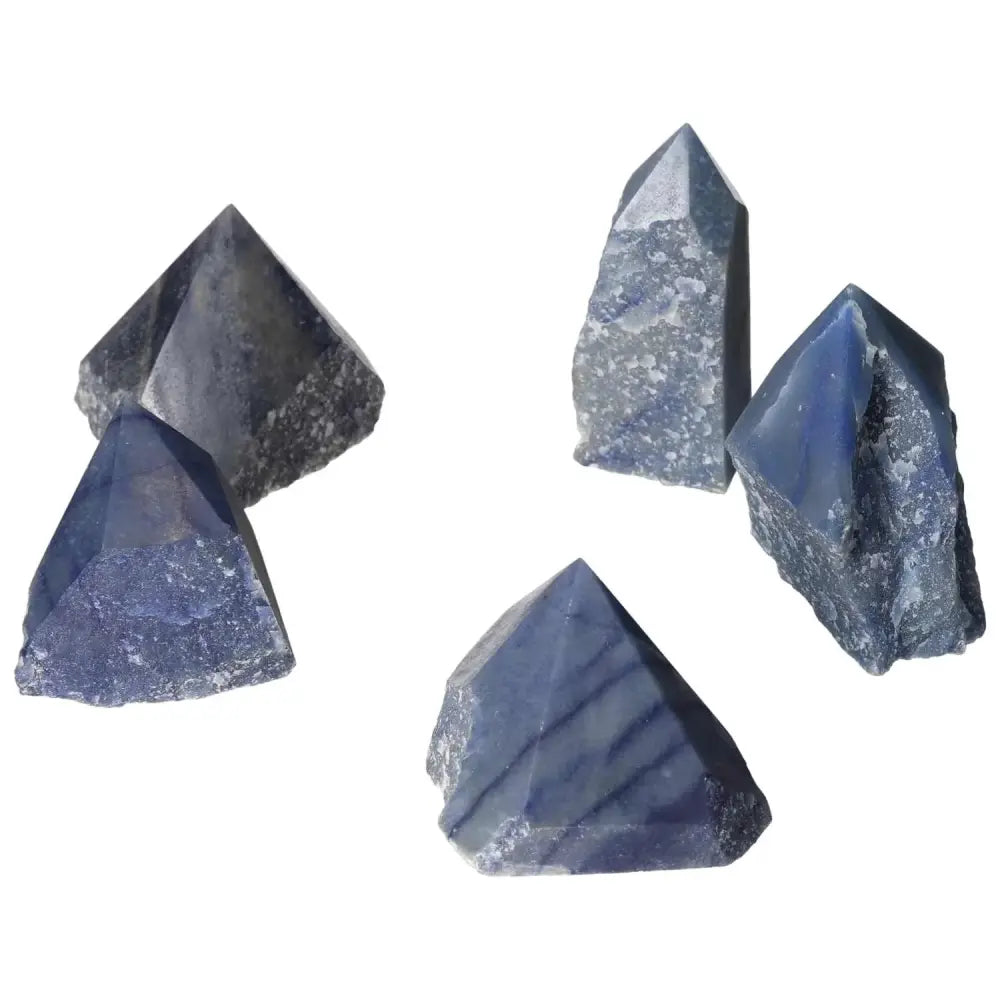 Polished Point Blue Quartz M crystals with soothing colors, enhancing peace and clarity, from Sylvia Crystals' premium collection.
