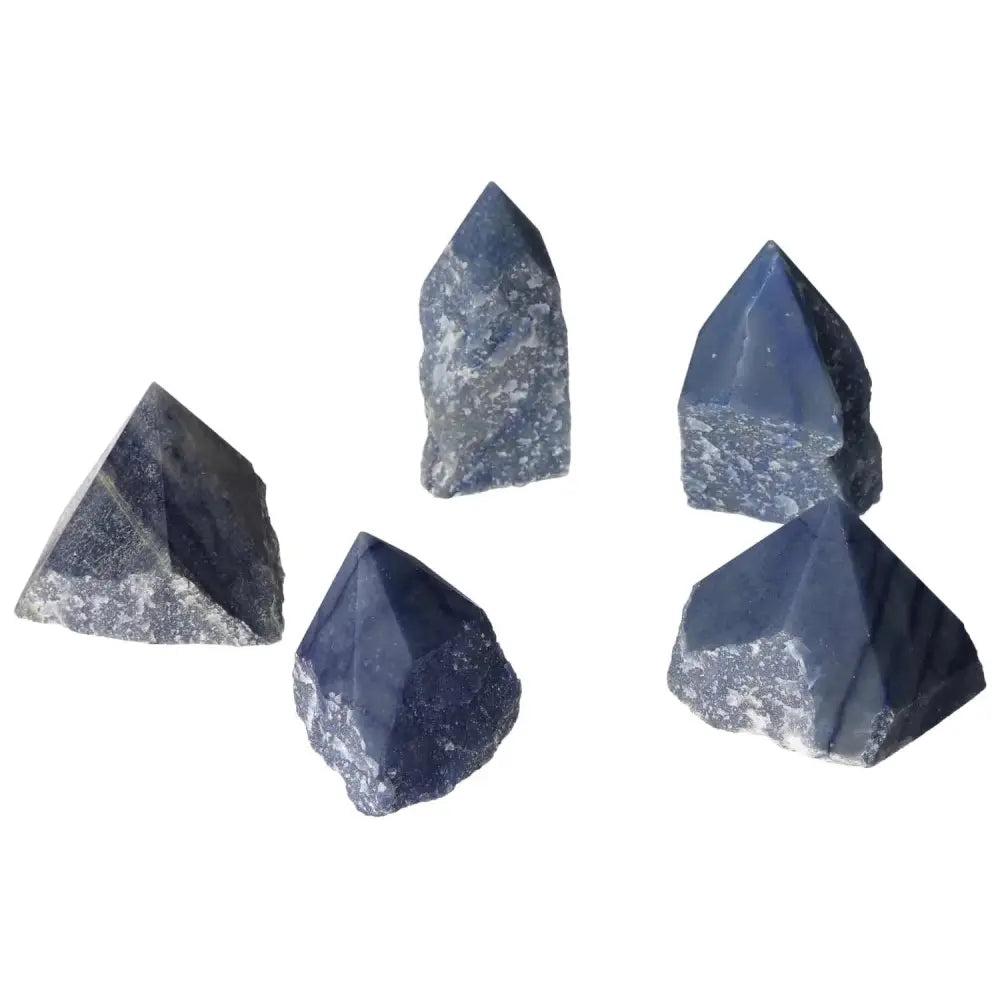Polished Point Blue Quartz M crystals from Sylvia Crystals, ideal for spiritual healing and enhancing communication clarity.