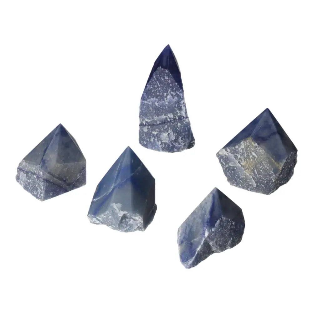 Polished Point Blue Quartz S stones showcasing unique shapes and vibrant hues, from Sylvia Crystals, perfect for energy and balance.