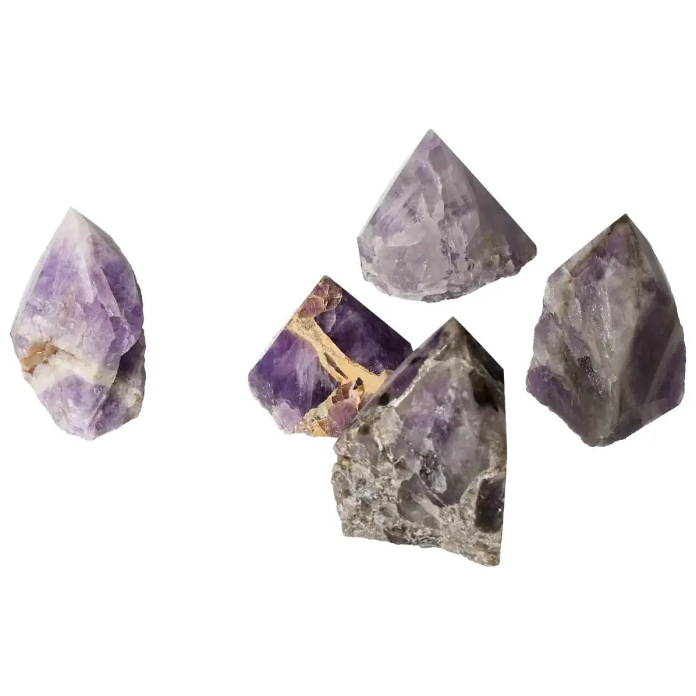 Polished Point Chevron Amethyst M gemstones with natural patterns, featuring premium quality and tranquility-enhancing properties from Sylvia Crystals.