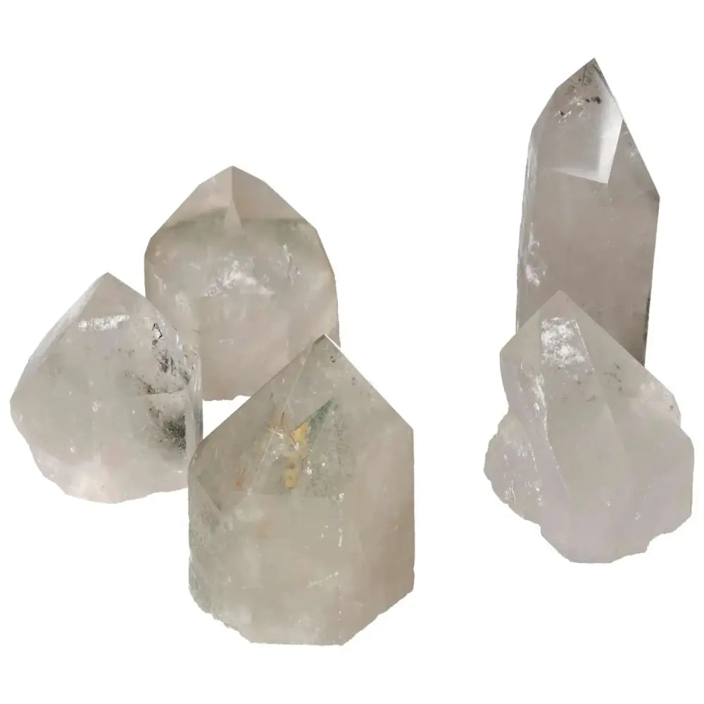 Polished Point Clear Quartz With Chlorite L crystals showcasing natural clarity and luxury from Sylvia Crystals collection.