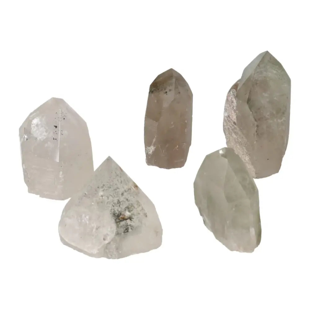 Polished Point Clear Quartz with Chlorite M crystals by Sylvia Crystals, showcasing spiritual luxury and purification properties.