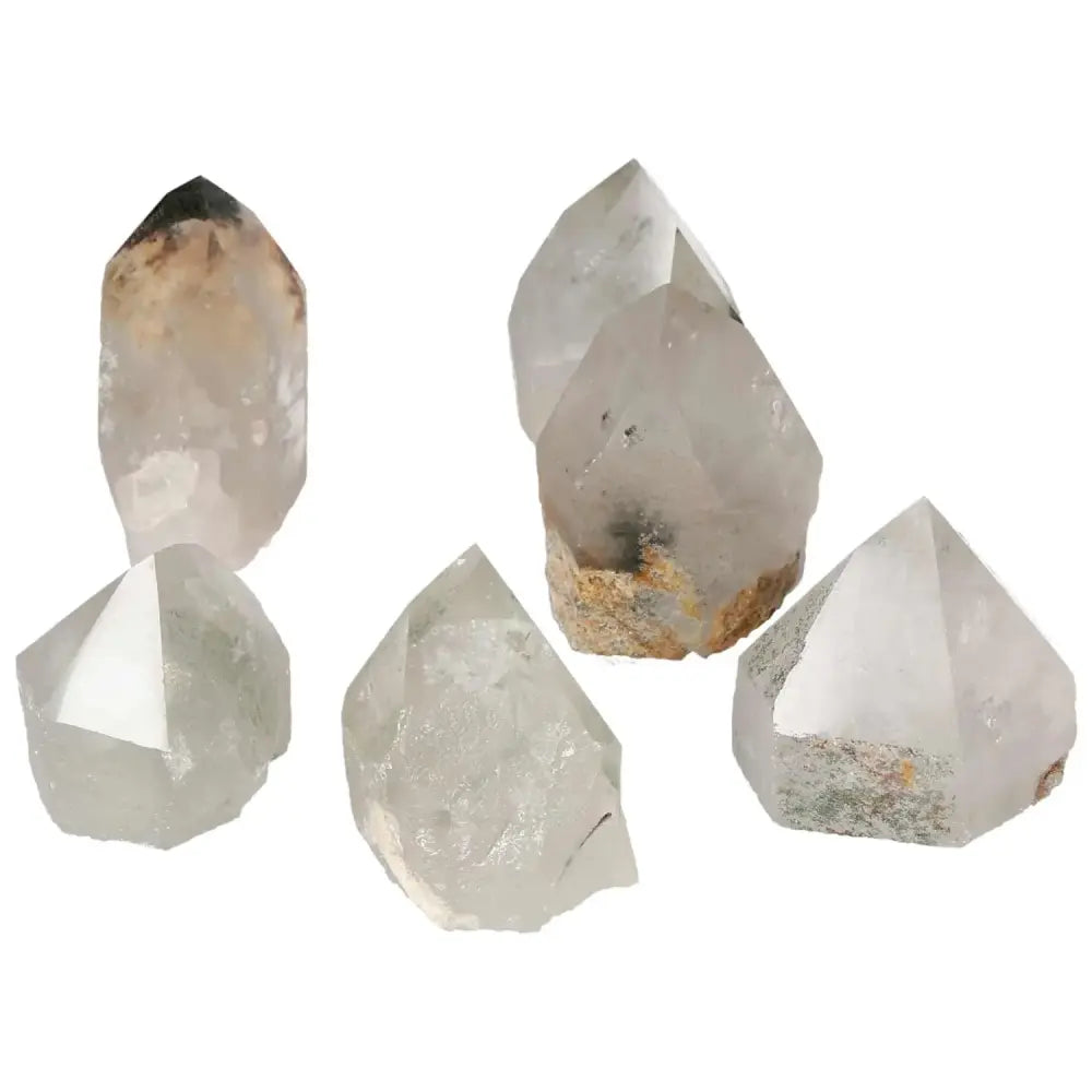 Polished Point Clear Quartz with Chlorite crystals from Sylvia Crystals, showcasing spiritual harmony and energy enhancement.