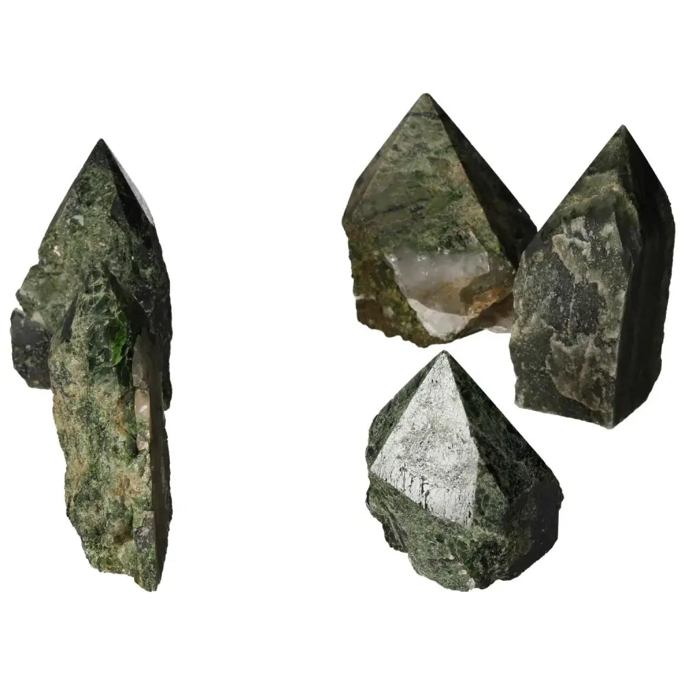 Polished Point Diopside L gemstones in rich green hues, known for vibrant energy and healing properties from Sylvia Crystals.