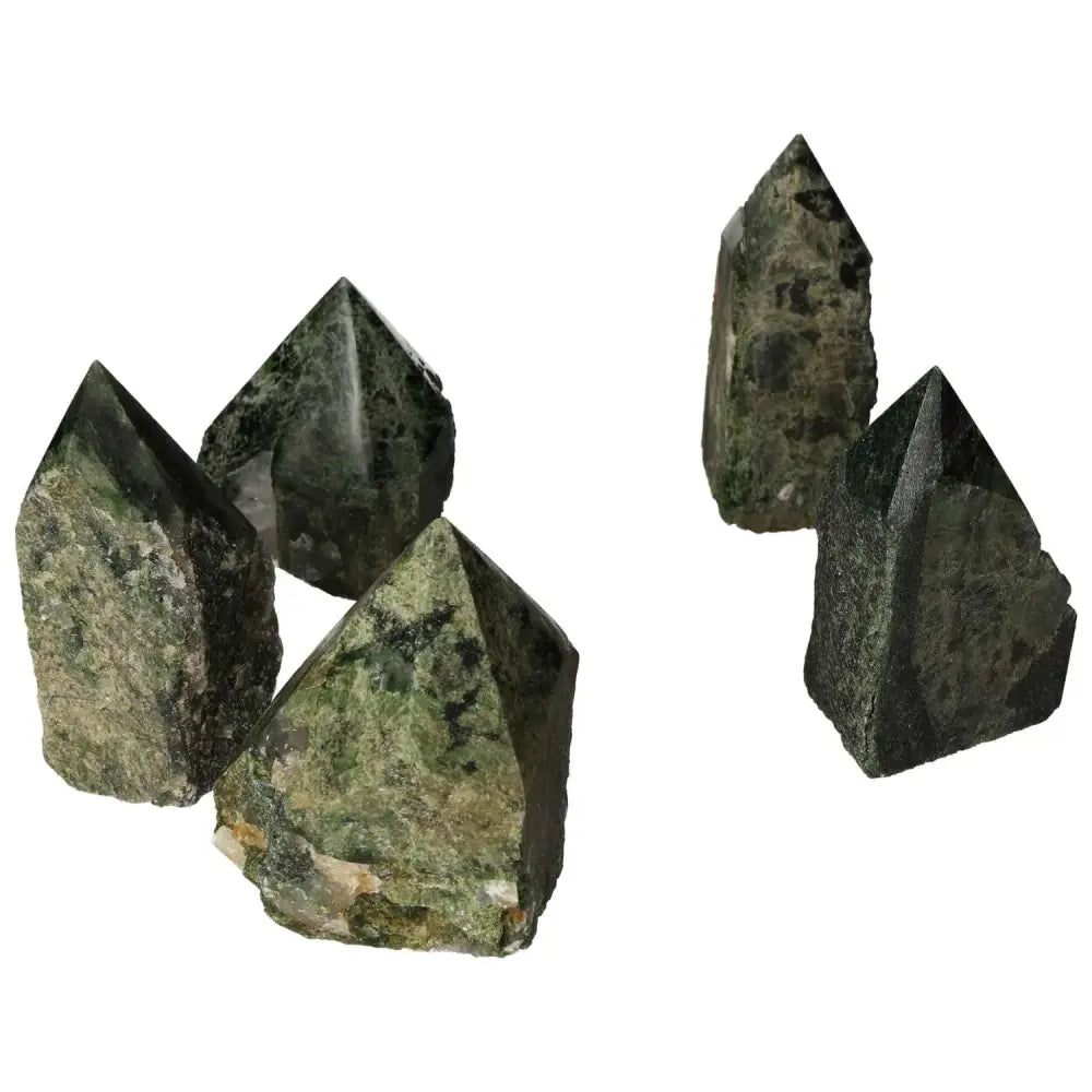 Polished Point Diopside L stones featuring rich green hues from Sylvia Crystals, showcasing vibrant energy and healing properties.