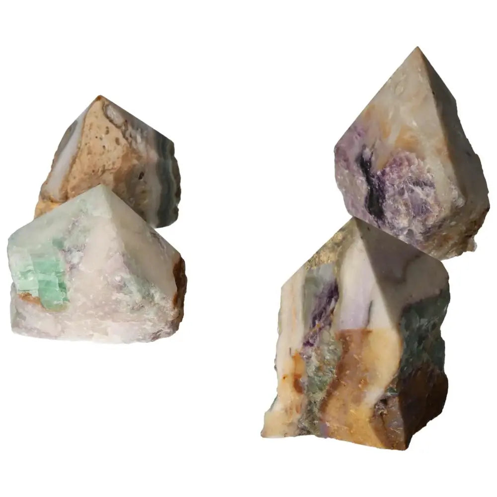Polished Point Fluorite L crystals from Sylvia Crystals with vibrant hues, enhancing mental faculties and promoting personal growth.