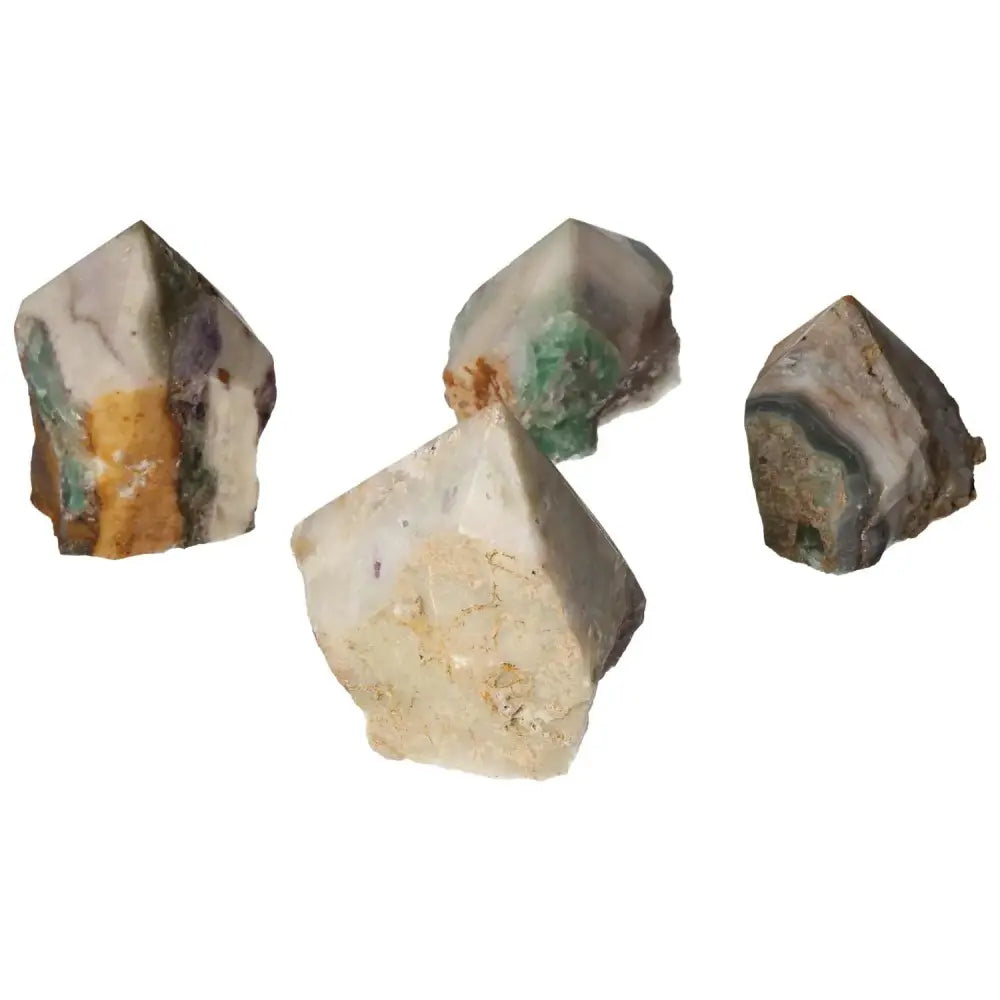 Polished Point Fluorite L gemstones from Sylvia Crystals showcasing vibrant hues, promoting mental faculties and personal growth.