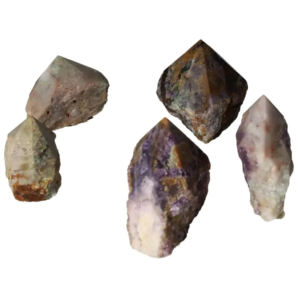 Polished Point Fluorite M gemstones by Sylvia Crystals, showcasing vibrant colors and enhancing creative, analytical, and spiritual clarity.