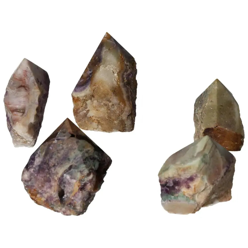 Polished Point Fluorite M gemstones from Sylvia Crystals, enhancing creativity, analytical skills, and spiritual balance.