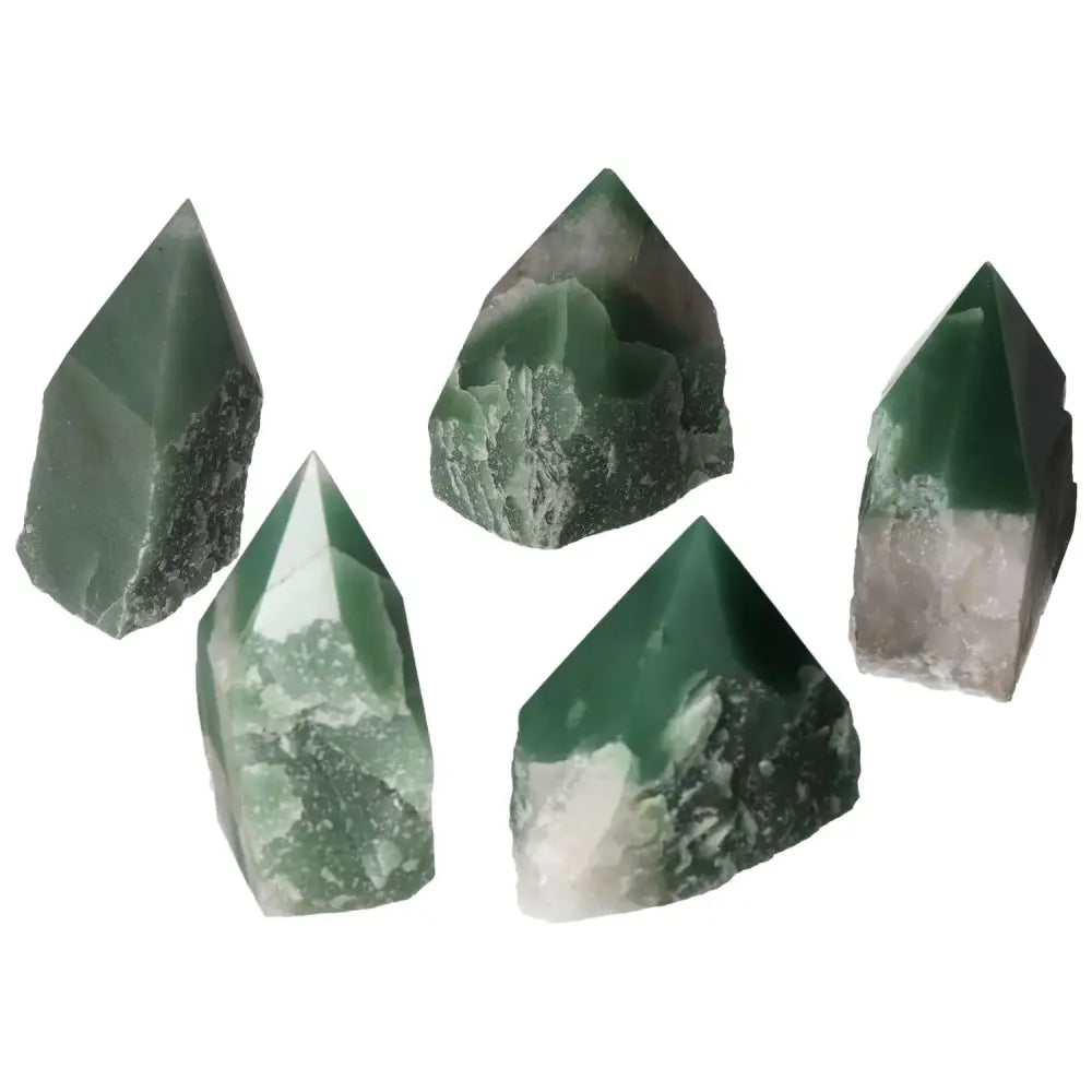 Polished Point Green Quartz Bi-Color crystals from Sylvia Crystals, showcasing vibrant green hues and lustrous finish.