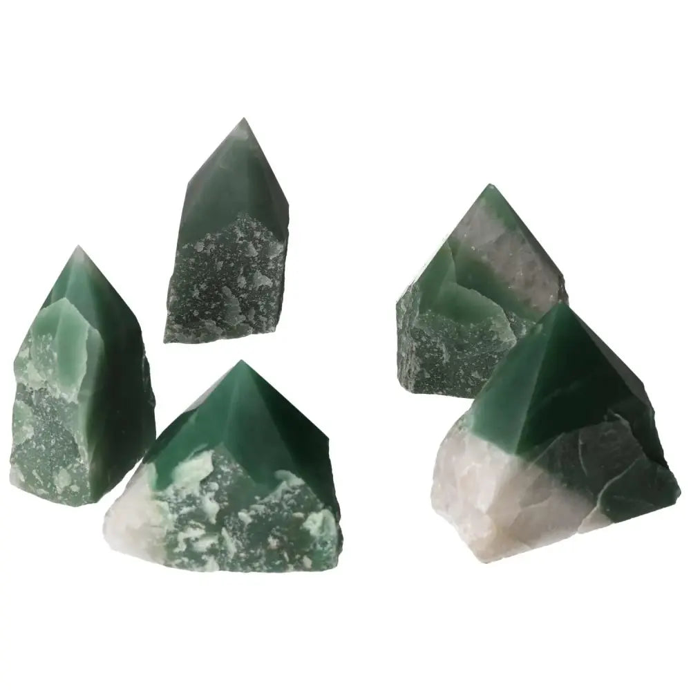 Polished Point Green Quartz Bi-Color crystals showcasing vibrant hues and lustrous finish, ideal for elegance and healing.