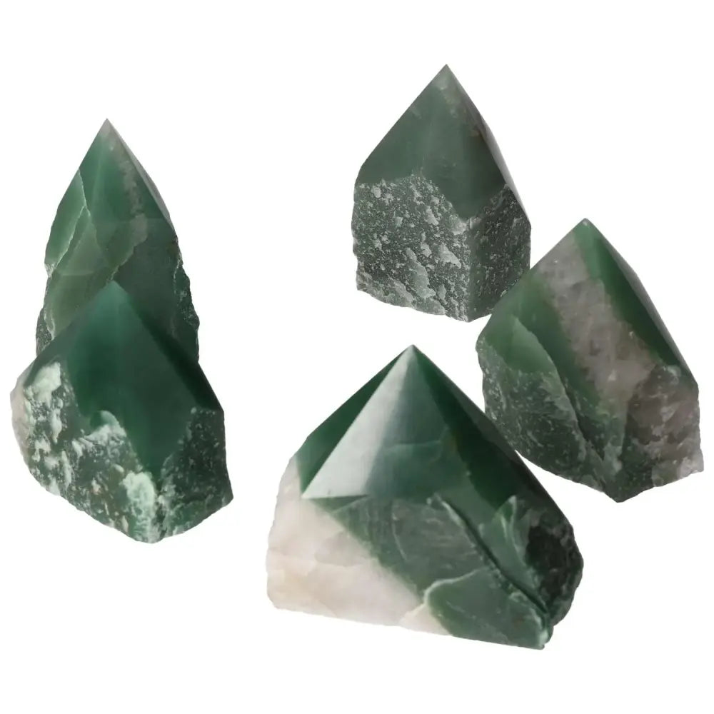 Polished Point Green Quartz Bi-Color L stones from Sylvia Crystals, showcasing vibrant hues and smooth, lustrous finish.